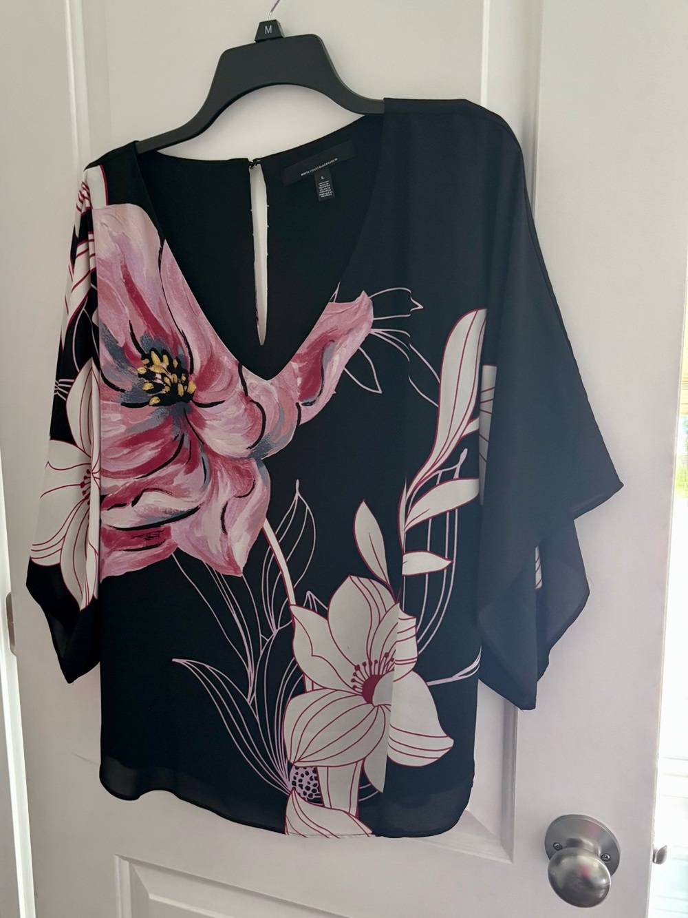 White House Black Market Black Blouse with Pink Floral Design